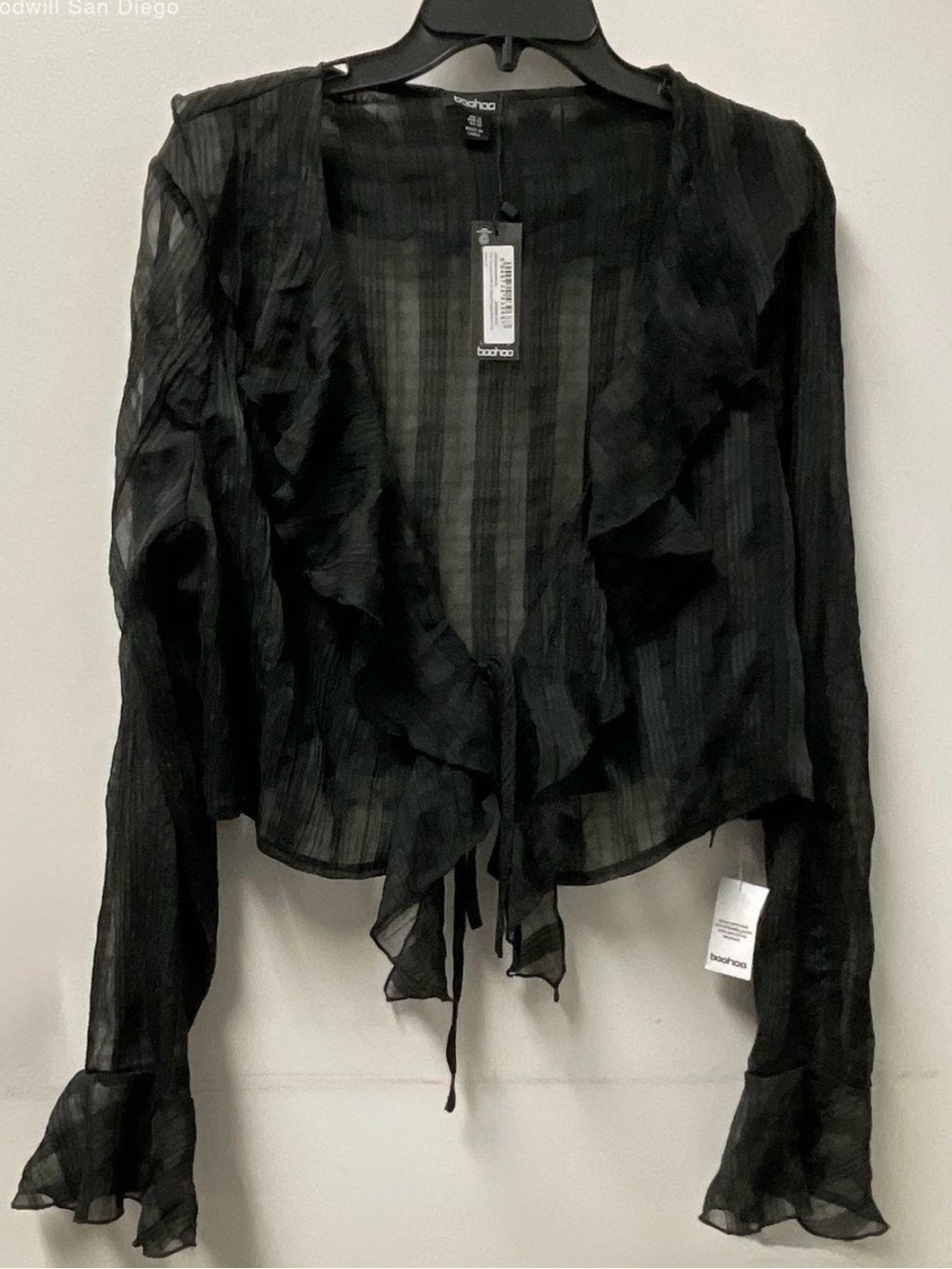 NWT Boohoo Black Textured Sheer Ruffle Tie-Front Blouse. Sz 14